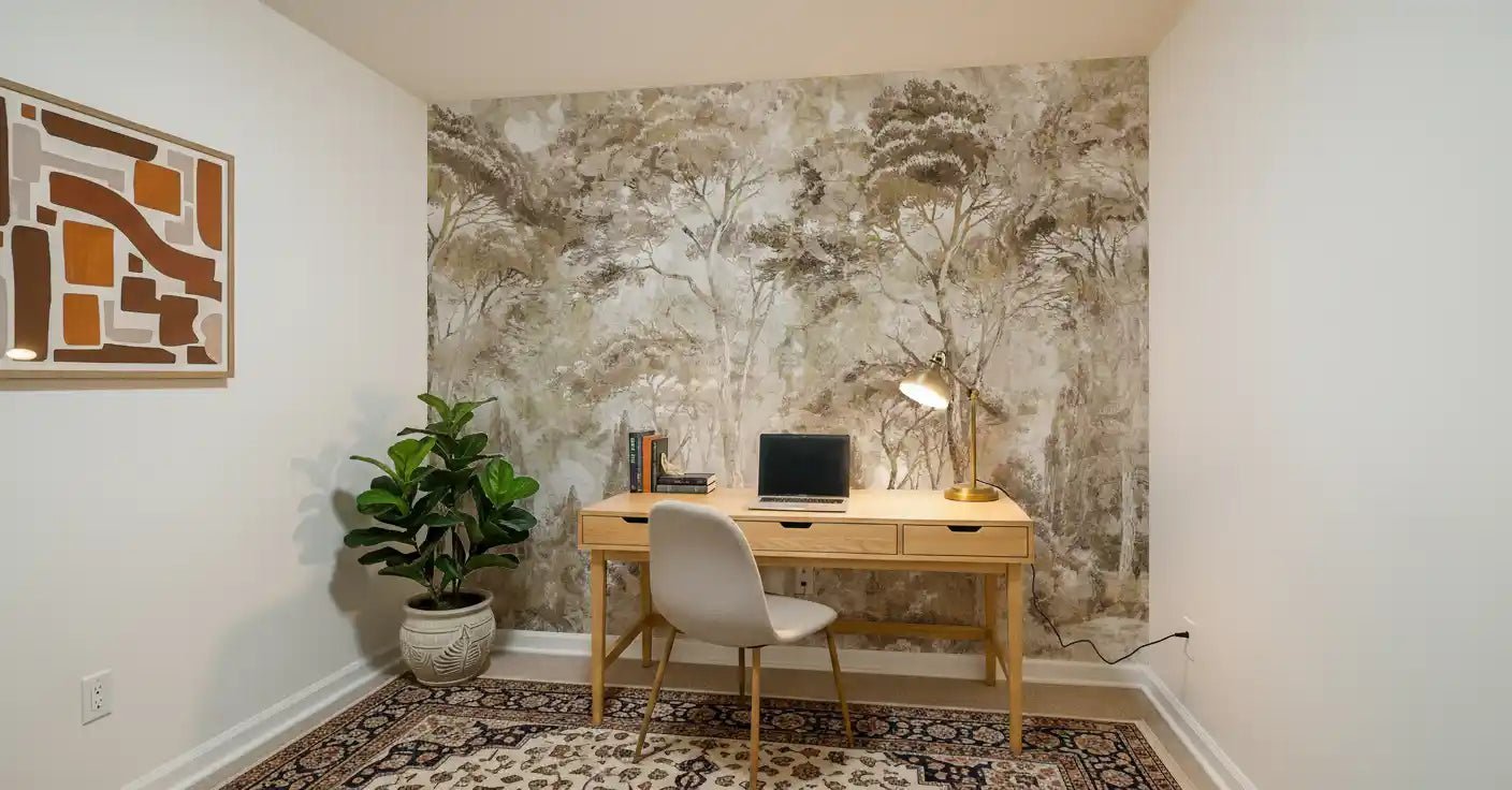 Office wall with Antique Woodland Landscape wall mural in muted sepia