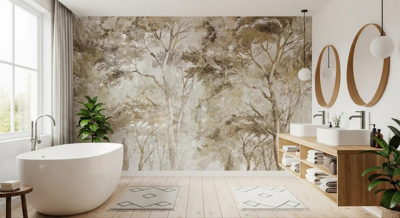 Bathroom styled in Antique Woodland Landscape wall mural with vintage trees