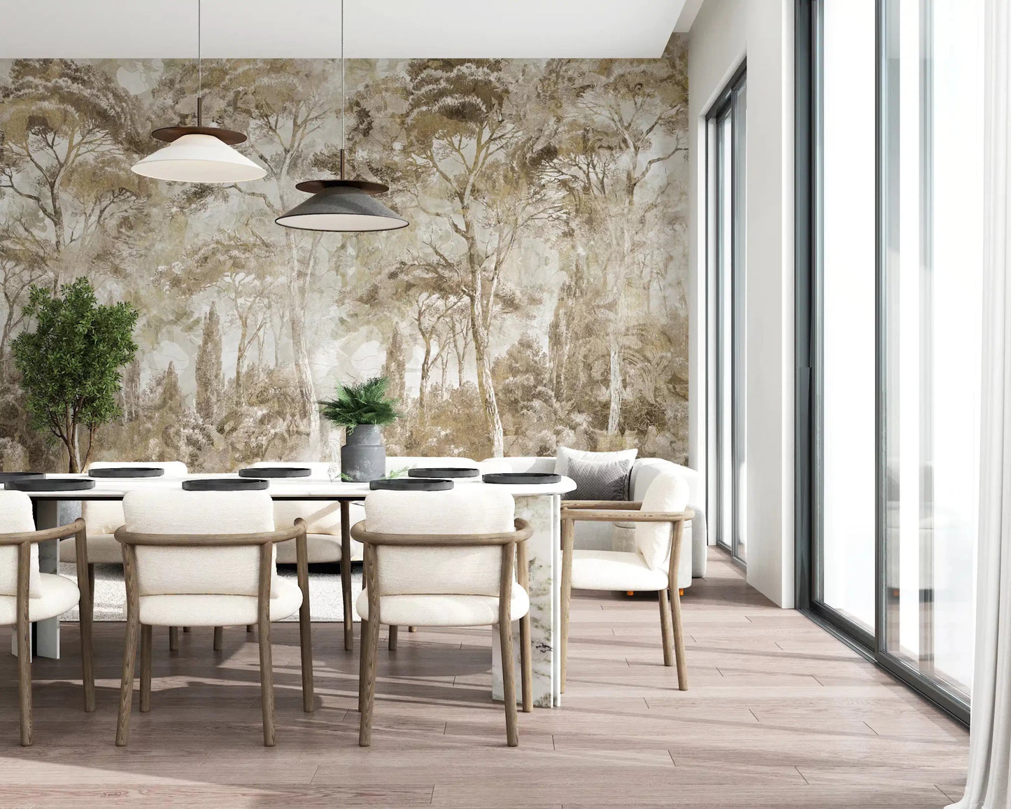 A faded scenic finish gives Antique Woodland Landscape wall mural character