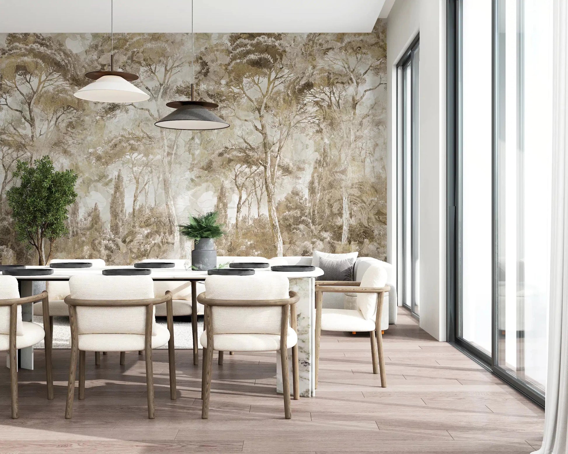 A faded scenic finish gives Antique Woodland Landscape wall mural character
