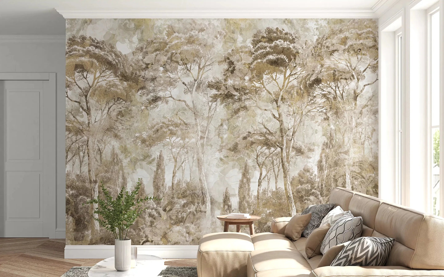 Soft woodland detail runs through Antique Woodland Landscape wall mural