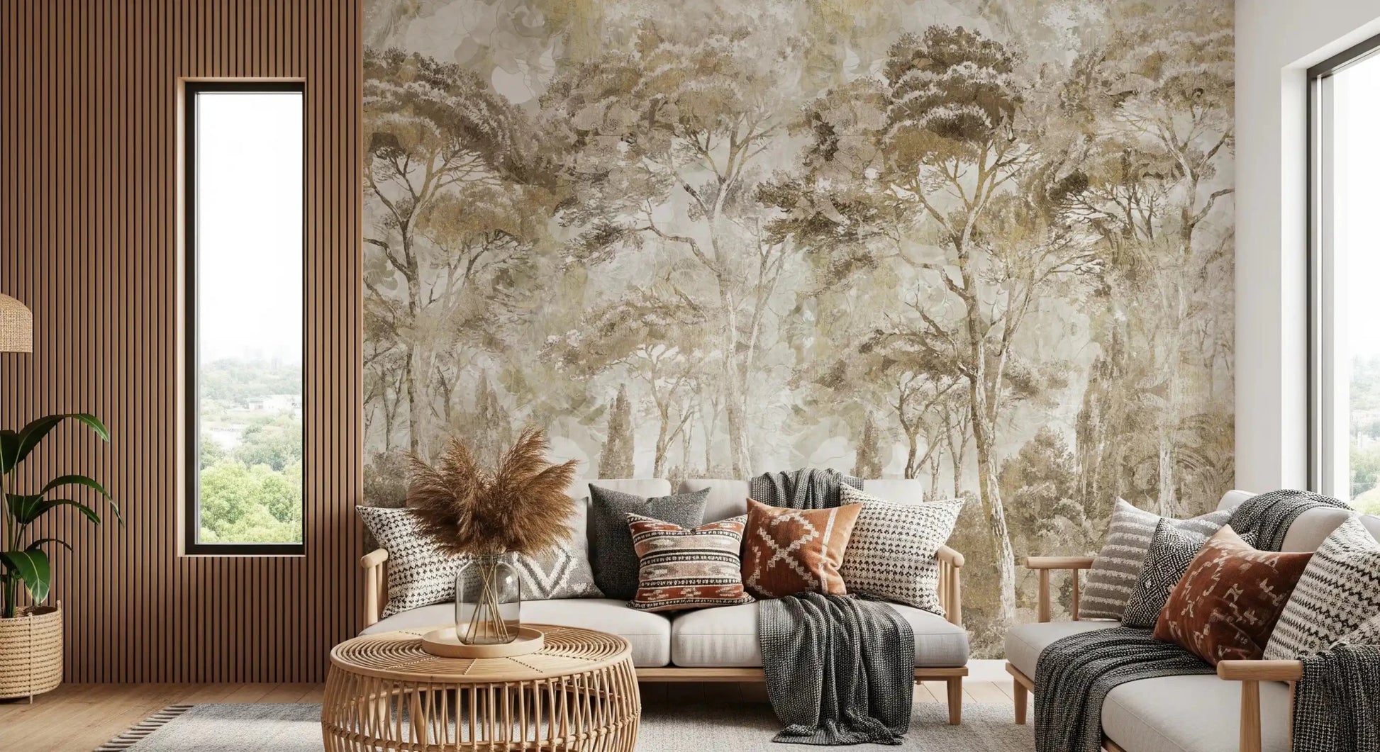 Living room with Antique Woodland Landscape wall mural in sepia forest tones