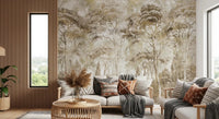 Living room with Antique Woodland Landscape wall mural in sepia forest tones