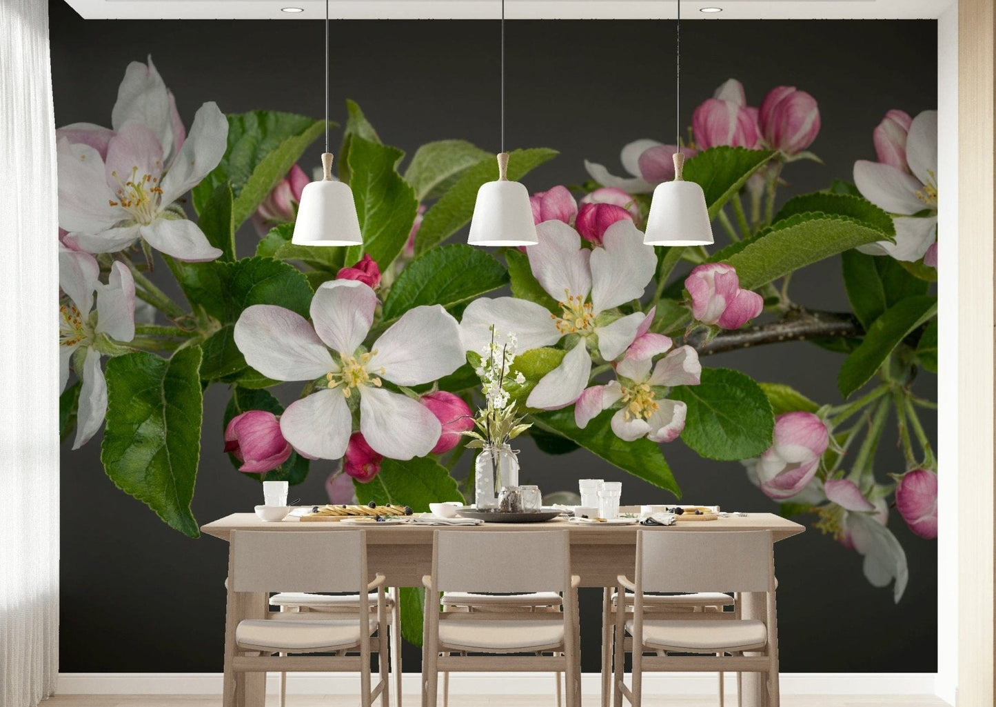 Floral Apple Blossom Charm peel stick branch against gray.