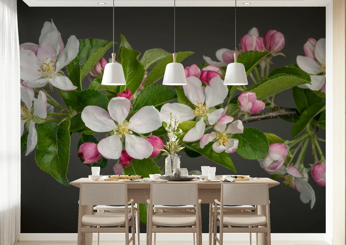 Floral Apple Blossom Charm peel stick branch against gray., GD7093