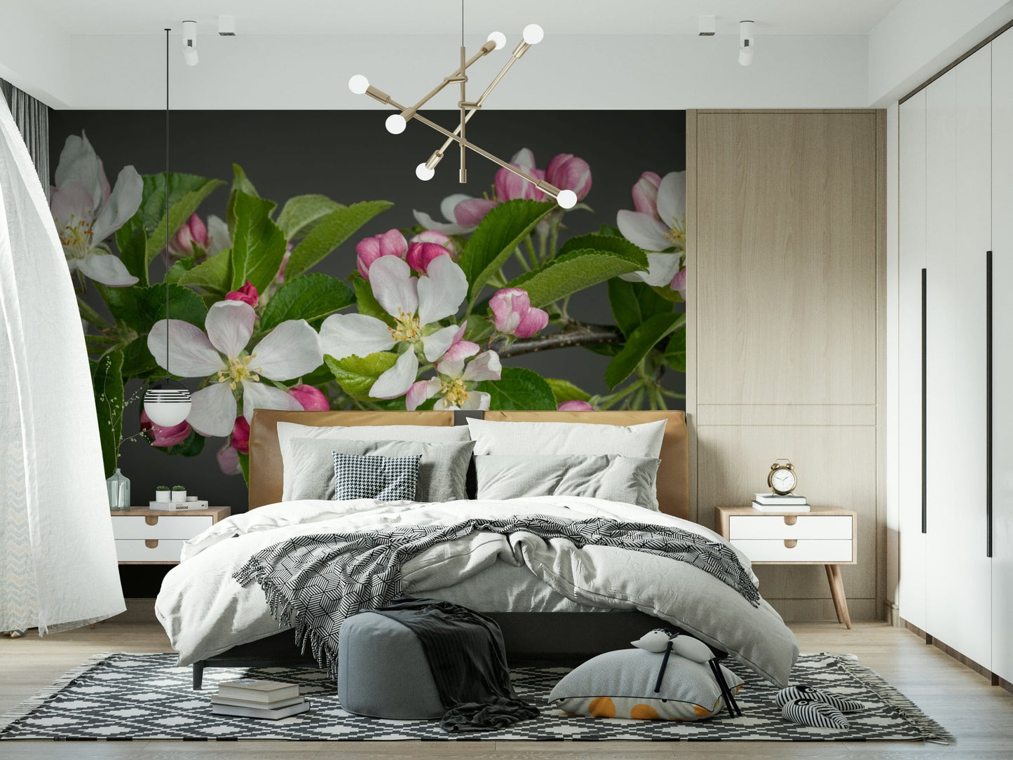 Apple Blossom Charm wall covering white petals pink buds.