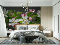 Apple Blossom Charm wall covering white petals pink buds.