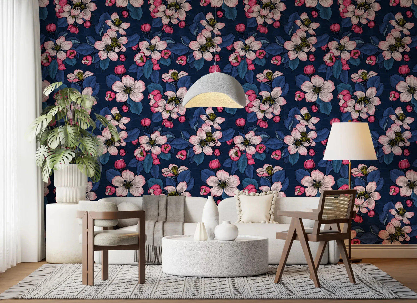 Hallway featuring Apple Blossom on Dark Blue Wallpaper with deep blue leaves