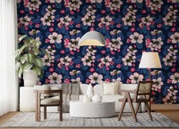 Hallway featuring Apple Blossom on Dark Blue Wallpaper with deep blue leaves