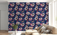 Floral Apple Blossom on Dark Blue Wallpaper with bees and botanical outlines