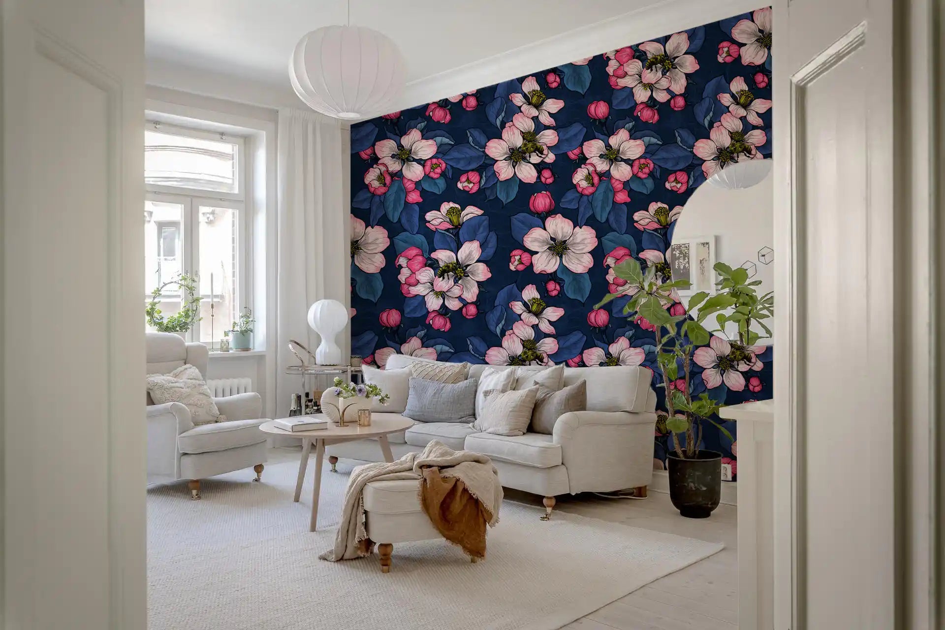 Dark blue Apple Blossom wallpaper with pink blossoms and layered leaf pattern