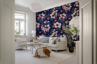 Dark blue Apple Blossom wallpaper with pink blossoms and layered leaf pattern