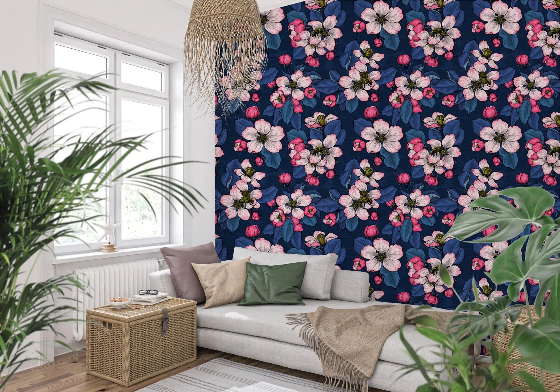 Apple Blossom on Dark Blue Wallpaper showing bees among pink flower petals