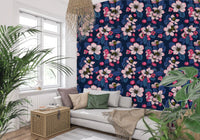 Apple Blossom on Dark Blue Wallpaper showing bees among pink flower petals