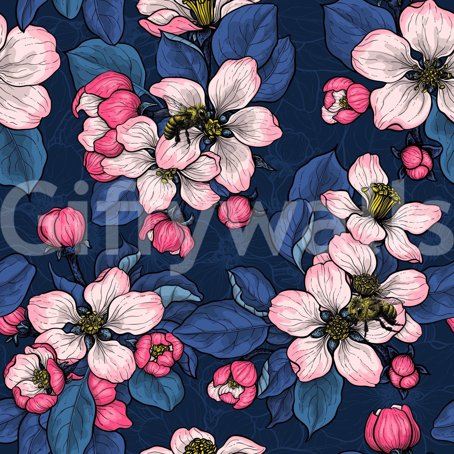 Contemporary Apple Blossom on Dark Blue Wallpaper with blooming branch pattern