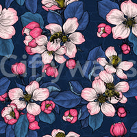Contemporary Apple Blossom on Dark Blue Wallpaper with blooming branch pattern