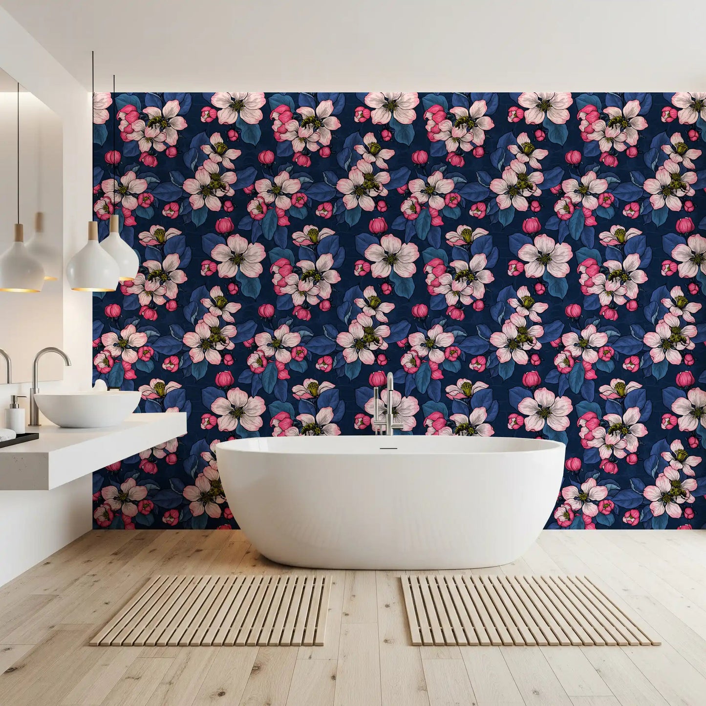 Bathroom with Apple Blossom on Dark Blue Wallpaper and soft pink blooms
