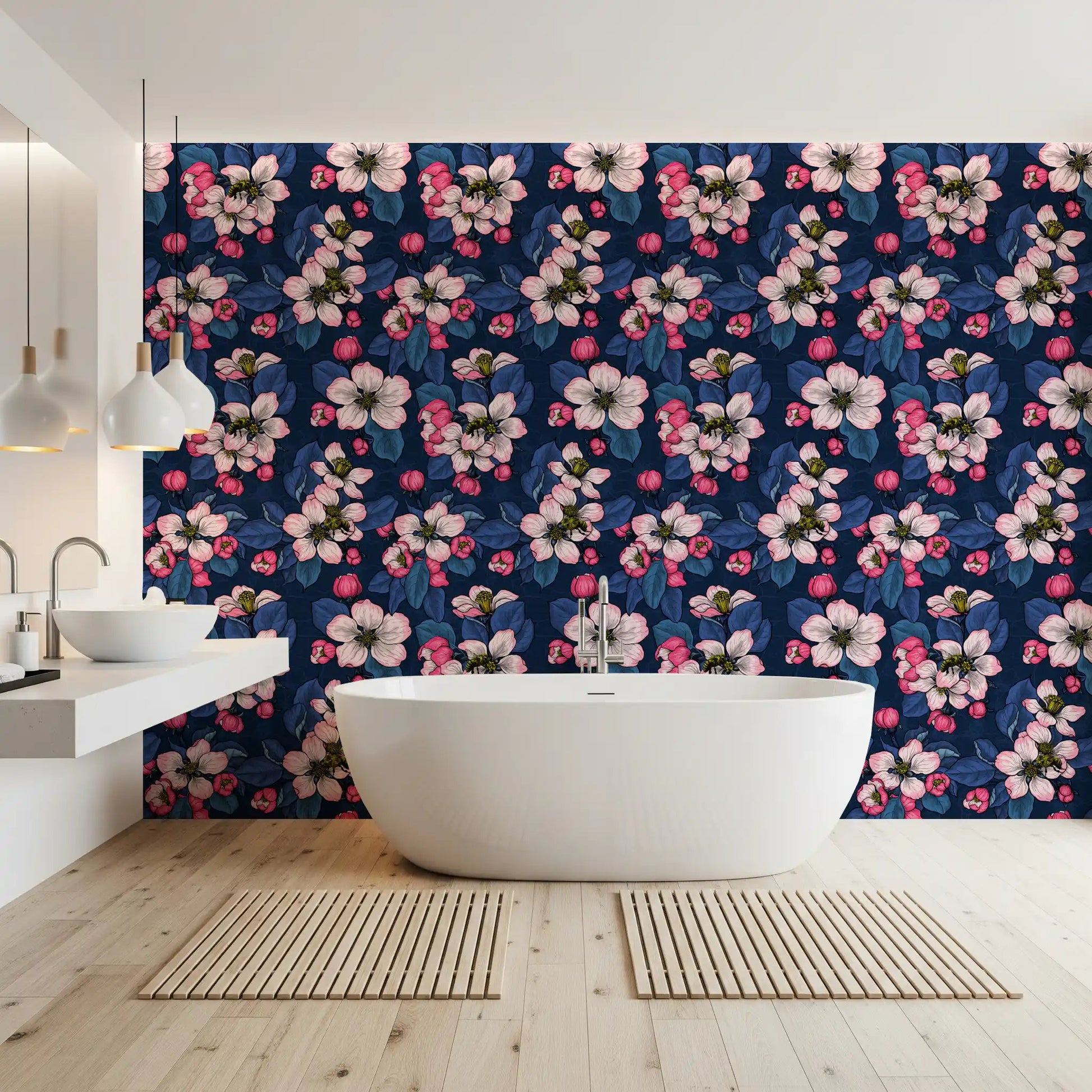 Bathroom with Apple Blossom on Dark Blue Wallpaper and soft pink blooms
