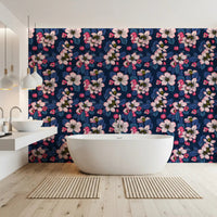 Bathroom with Apple Blossom on Dark Blue Wallpaper and soft pink blooms
