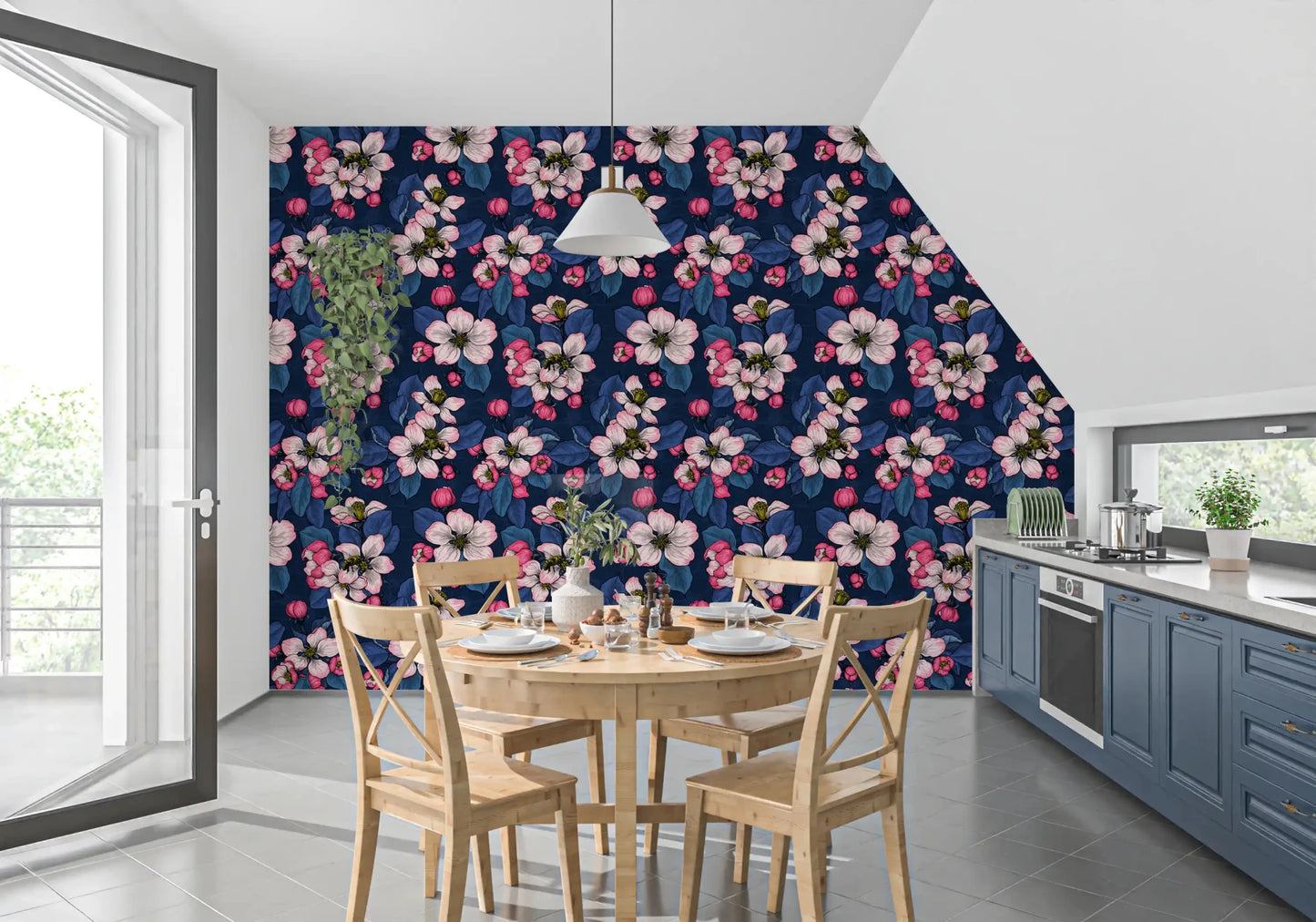 Rich navy floral wallpaper with apple blossom motifs and detailed foliage