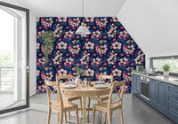 Rich navy floral wallpaper with apple blossom motifs and detailed foliage