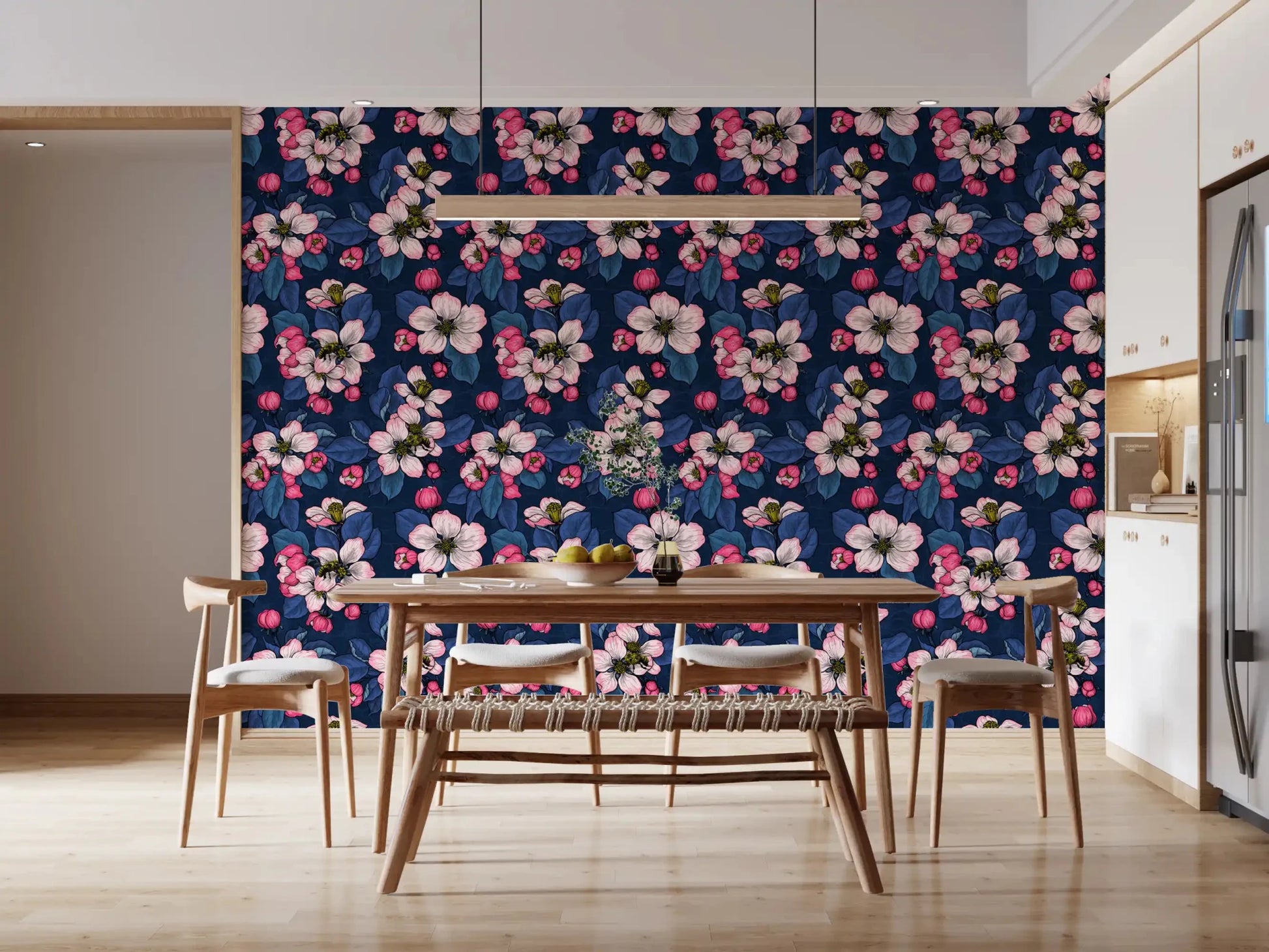 Bold wall finish in Apple Blossom on Dark Blue Wallpaper with floral detail