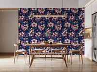 Bold wall finish in Apple Blossom on Dark Blue Wallpaper with floral detail