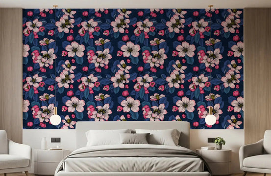 Apple Blossom on Dark Blue Wallpaper in bedroom with pink floral pattern, GD9313