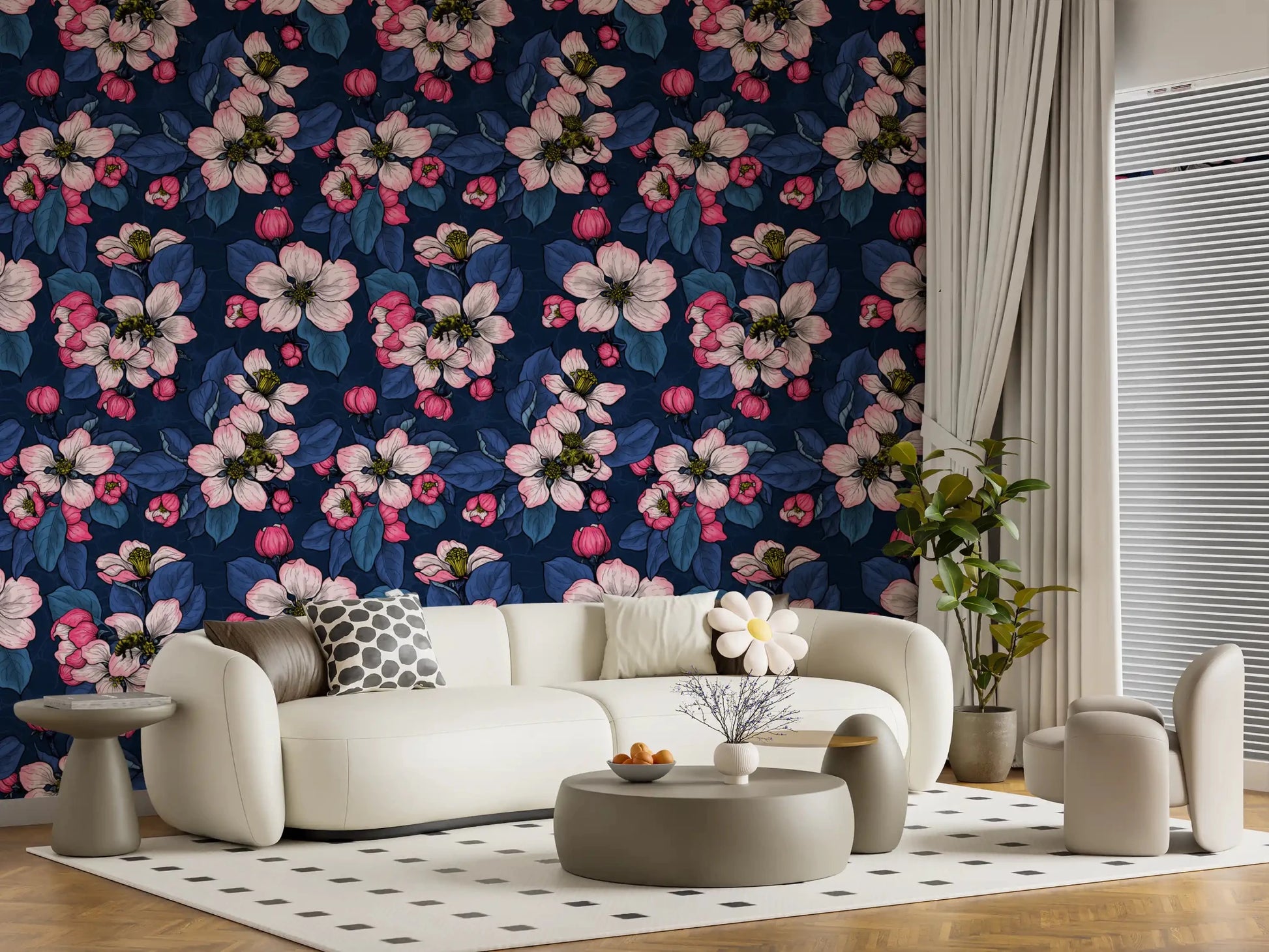 Apple Blossom on Dark Blue Wallpaper in a vivid pink and blue botanical style