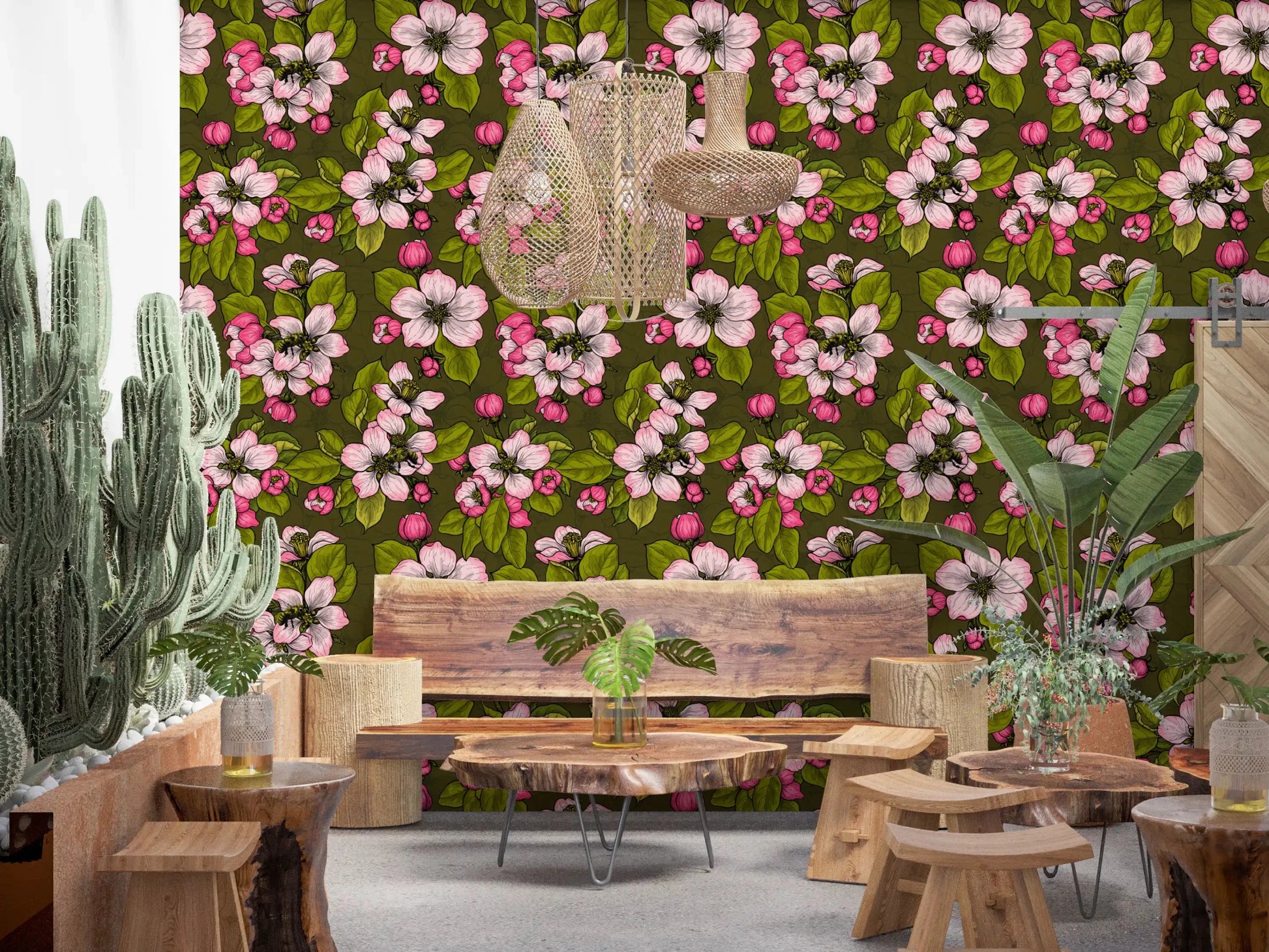 Pink floral repeat across Blossom on Green wallpaper with leaf detail, GD9312