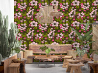 Pink floral repeat across Blossom on Green wallpaper with leaf detail, GD9312