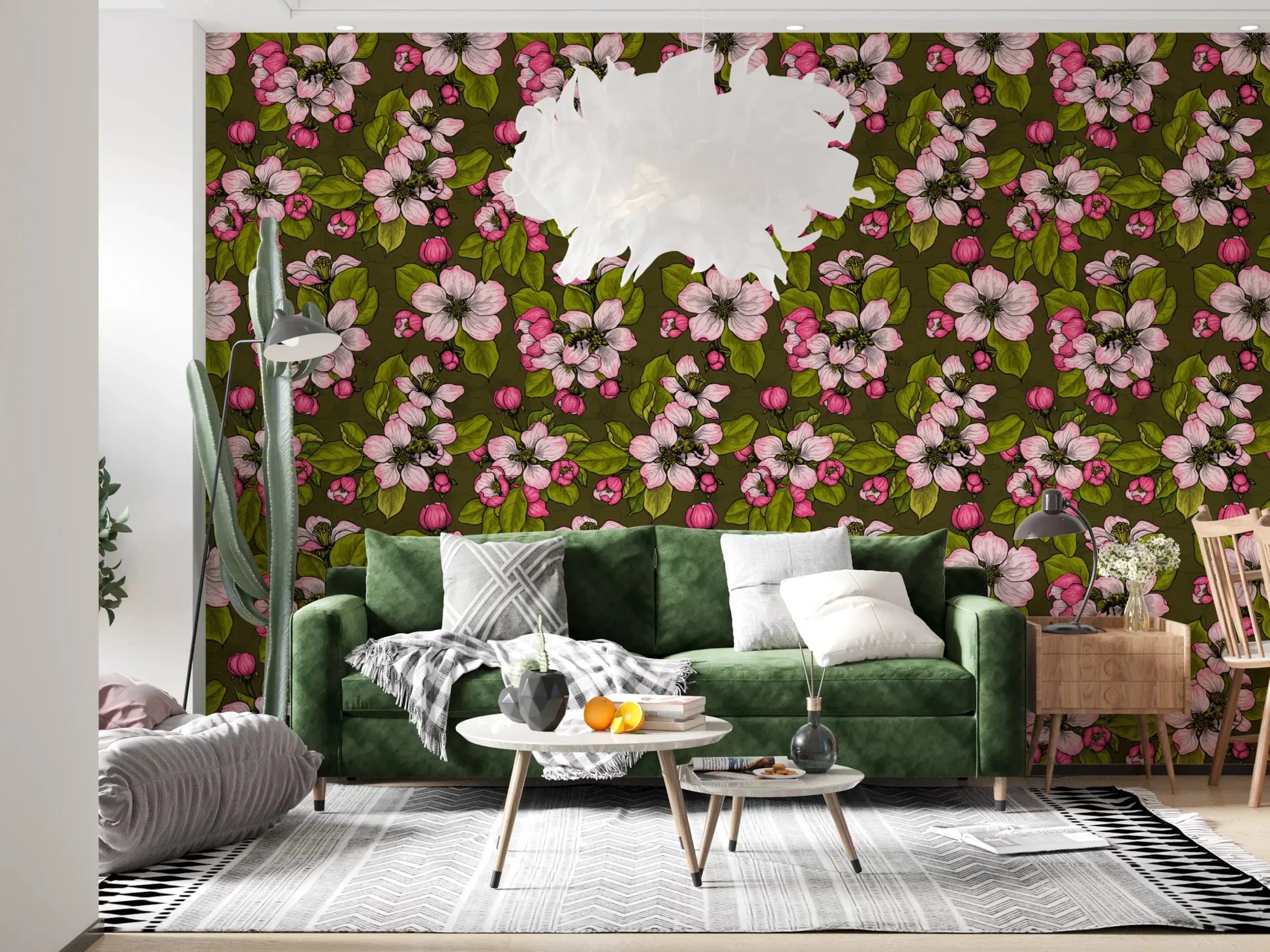 Layered blossom clusters define Apple Blossom on Green wallpaper, GD9312