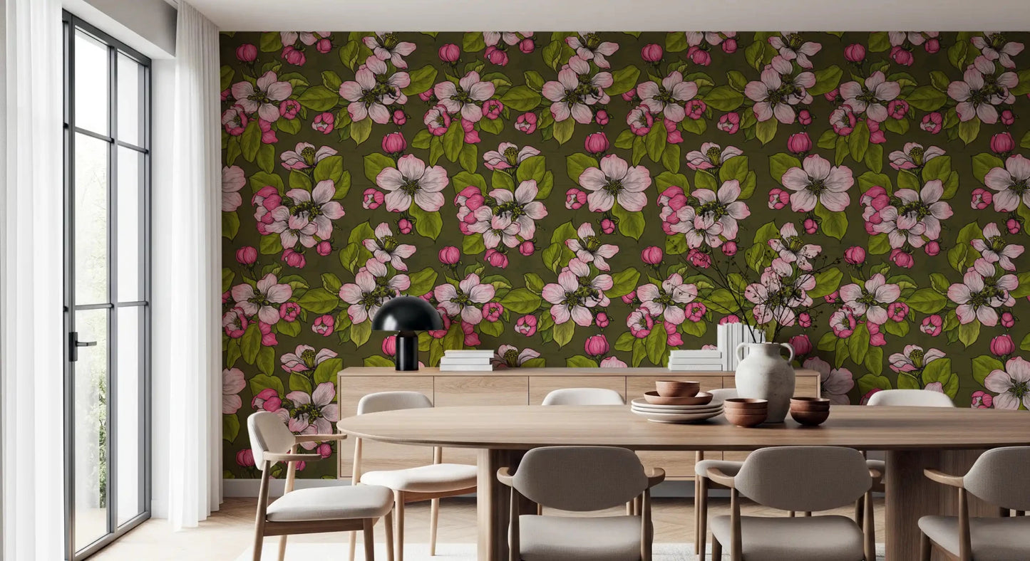 Deep green backdrop with Apple Blossom wallpaper and rosy petals, GD9312
