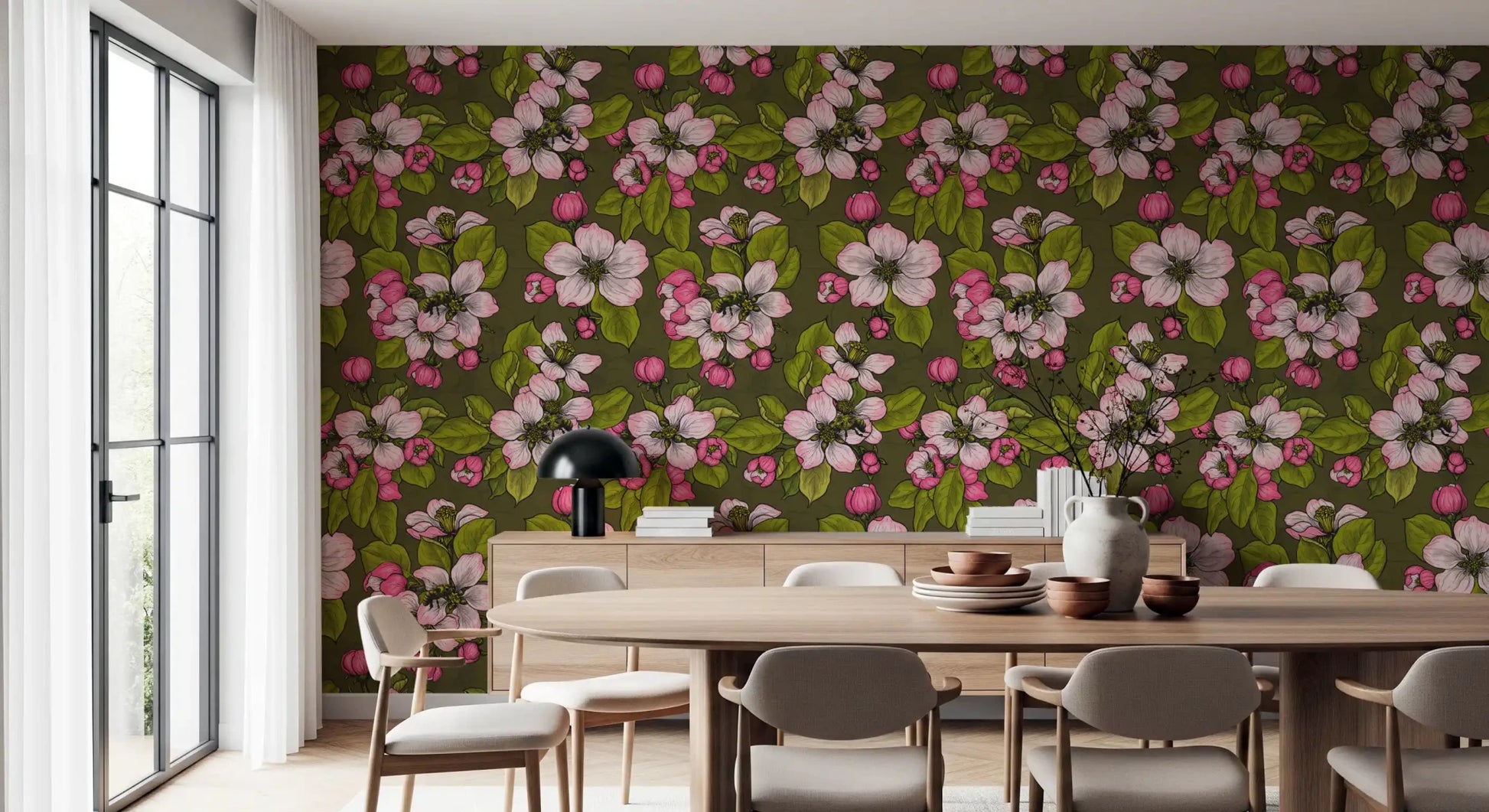 Deep green backdrop with Apple Blossom wallpaper and rosy petals, GD9312