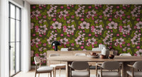 Deep green backdrop with Apple Blossom wallpaper and rosy petals, GD9312
