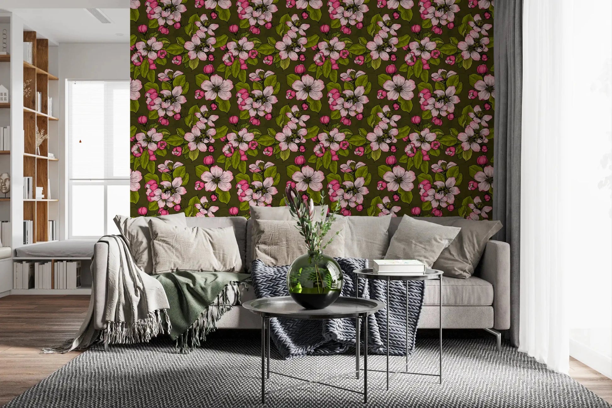 Botanical branch pattern in Apple Blossom on Green wallpaper design, GD9312