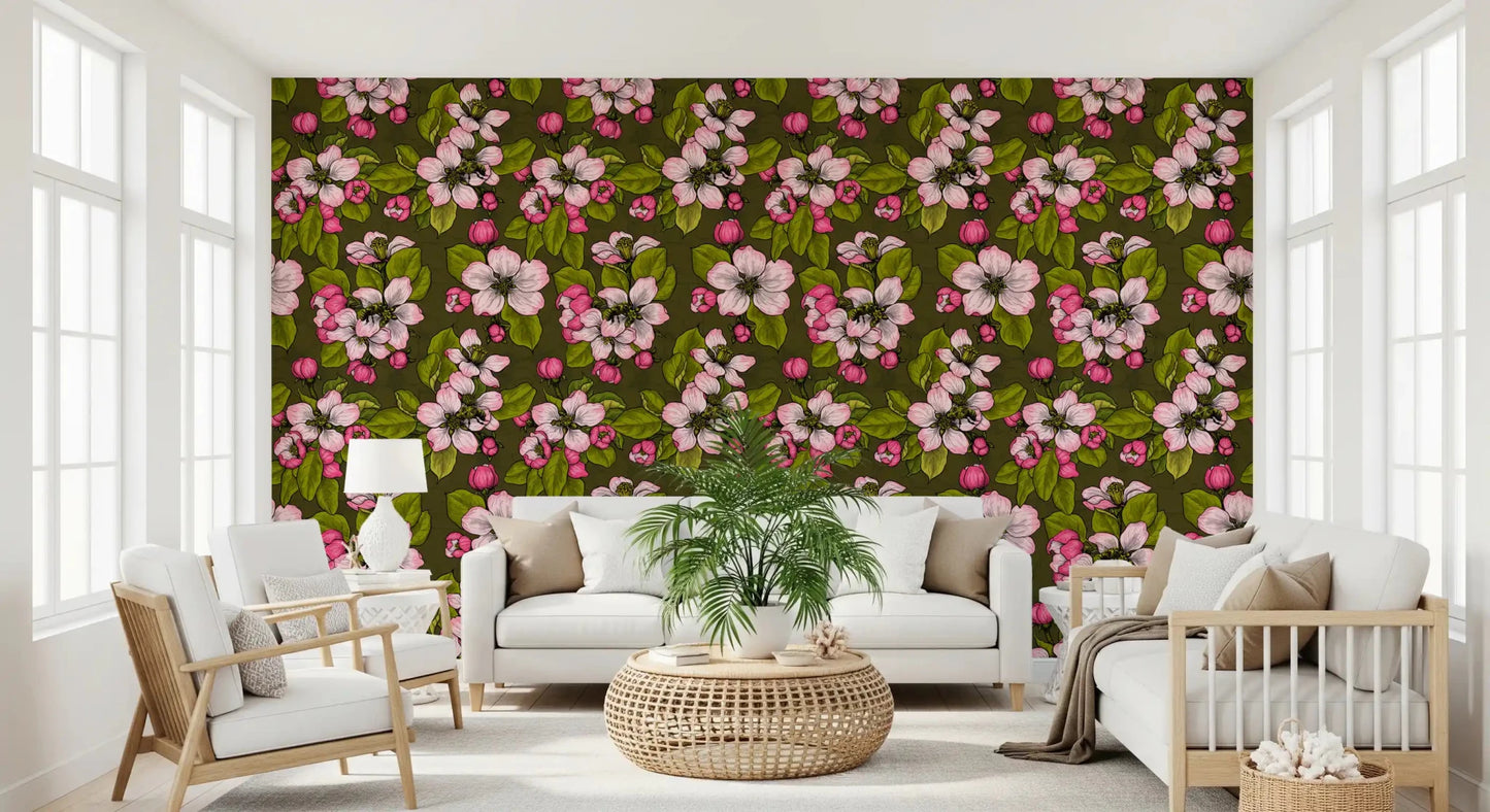 Hallway finished in Apple Blossom on Green wallpaper with branches, GD9312