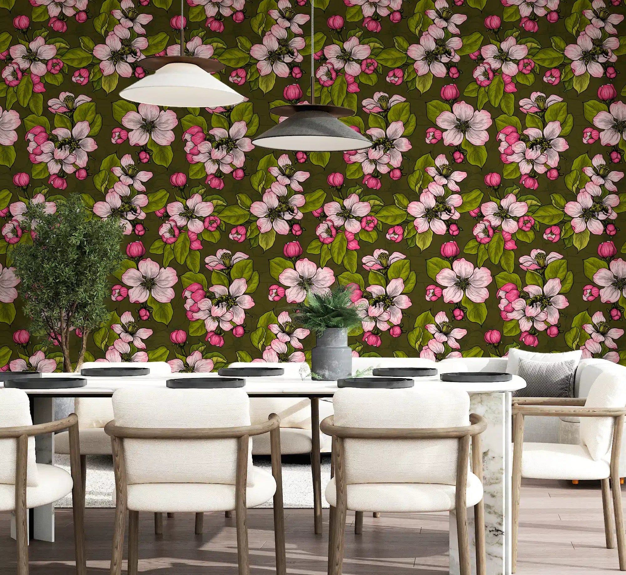 Dining room styled with Blossom on Green wallpaper and floral trails, GD9312