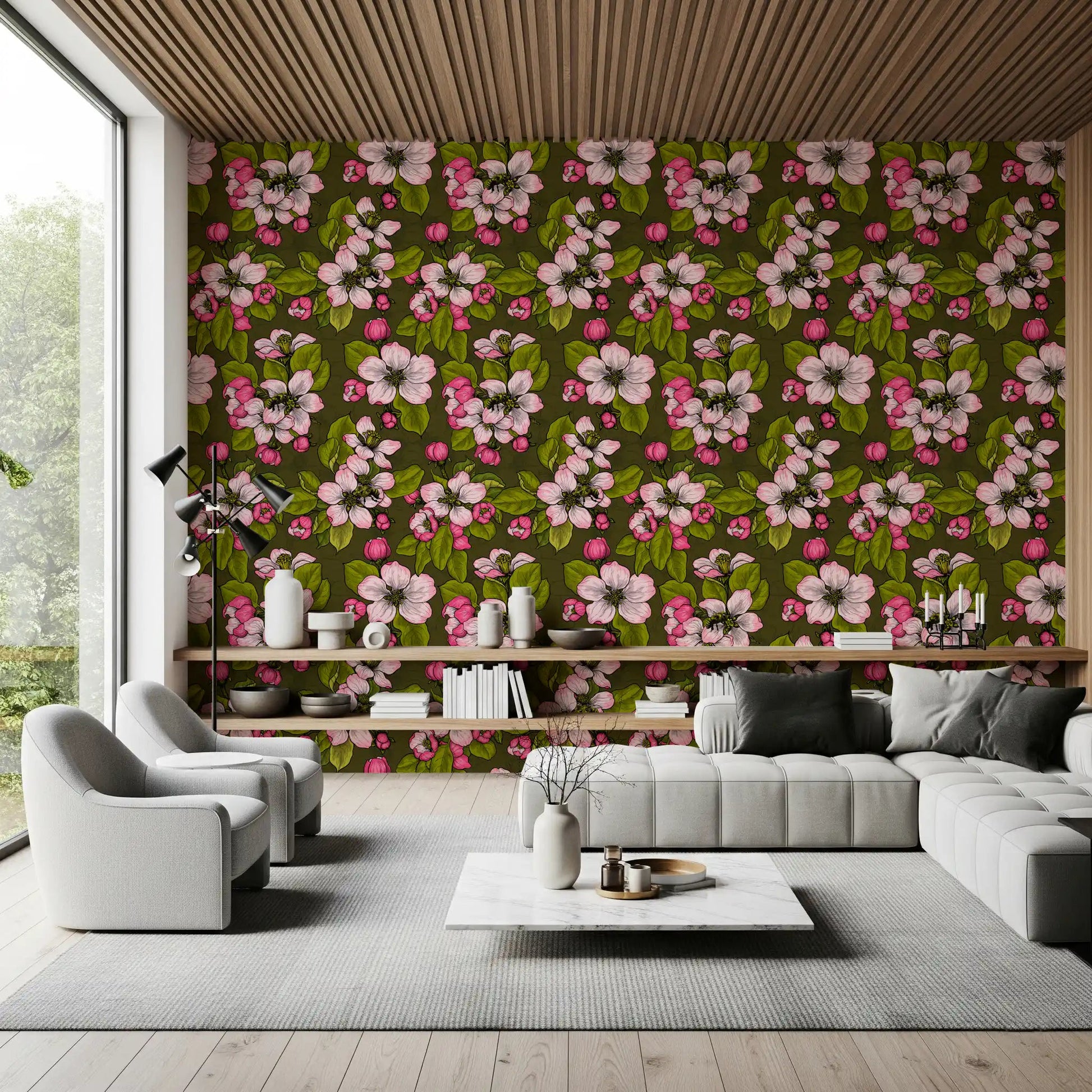 Living room featuring Apple Blossom wallpaper on a rich green base, GD9312