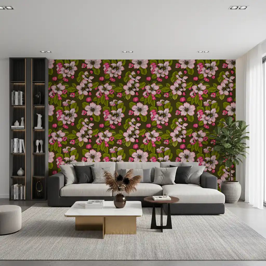 Living room wall in Apple Blossom wallpaper with pink blooms on green, GD9312