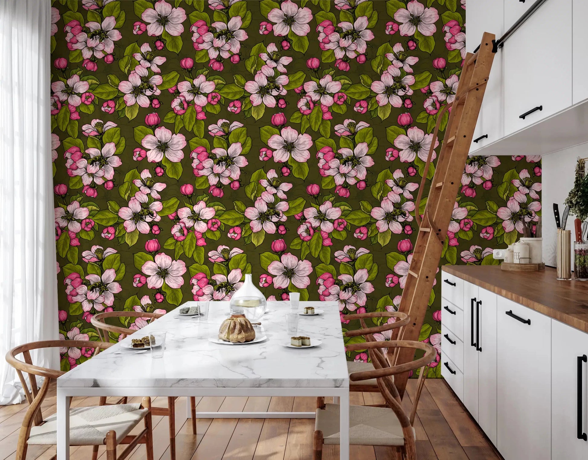 Rich green surface with Apple Blossom wallpaper and soft blooms, GD9312