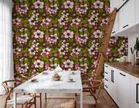 Rich green surface with Apple Blossom wallpaper and soft blooms, GD9312