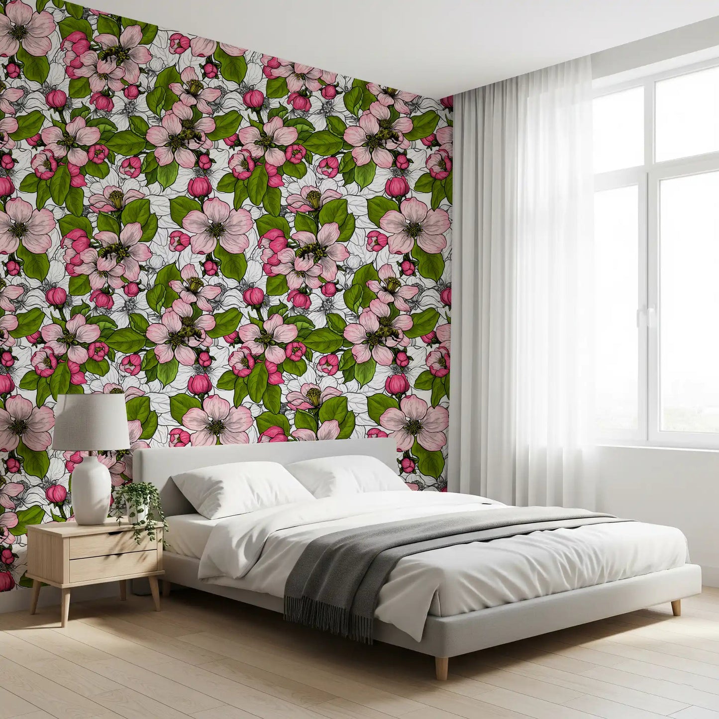 Pink blossom wallpaper for bedroom with green leaves on a white base