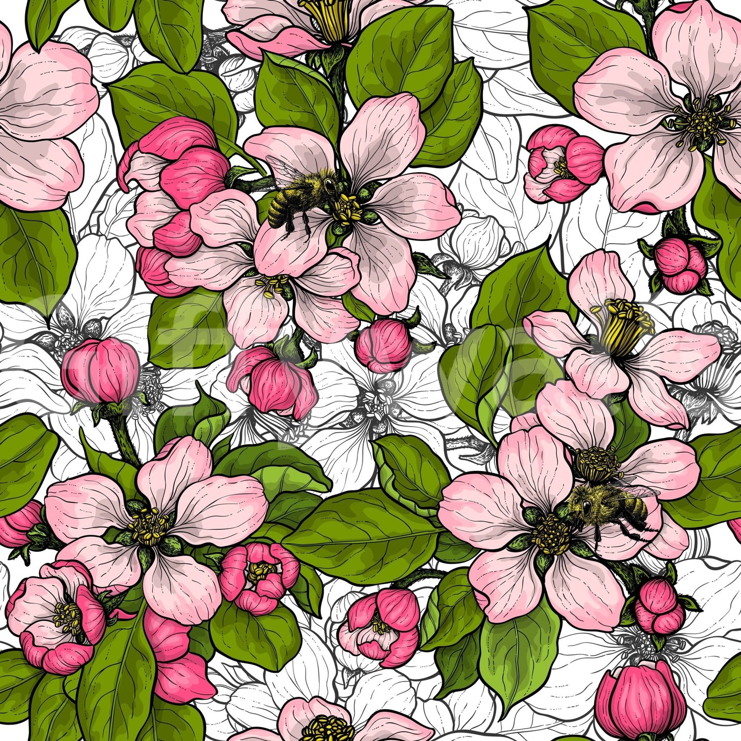 Apple blossom floral wallpaper in a fresh repeat with pink and green