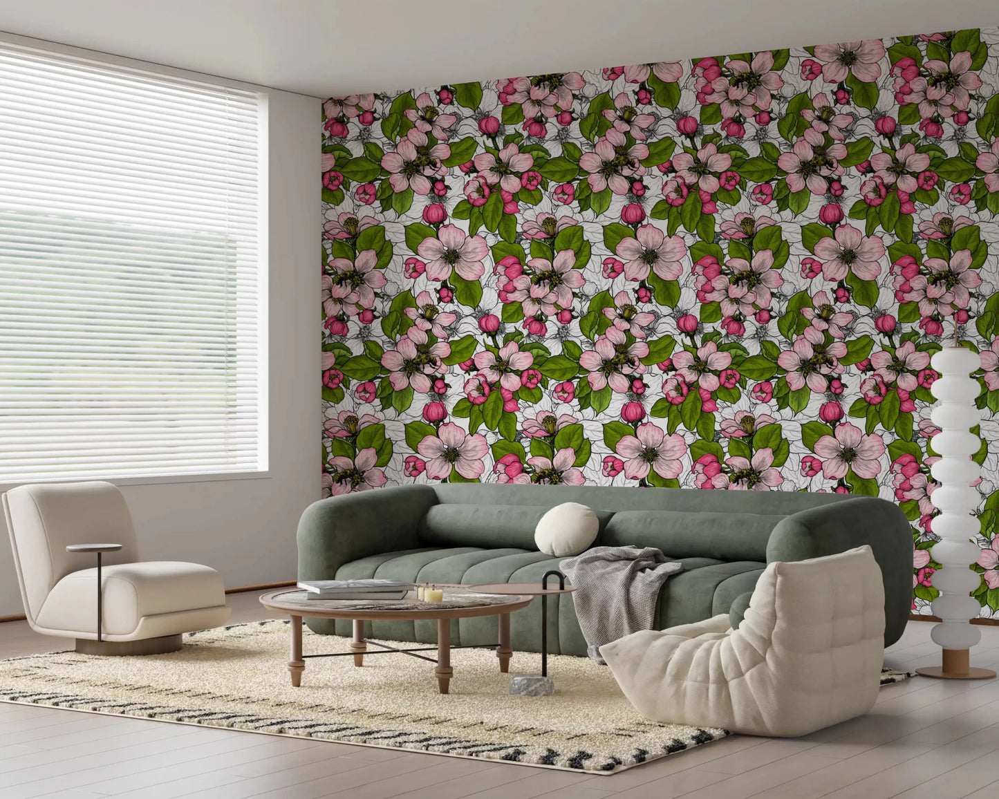 Apple blossom wallpaper for office with botanical flowers on white