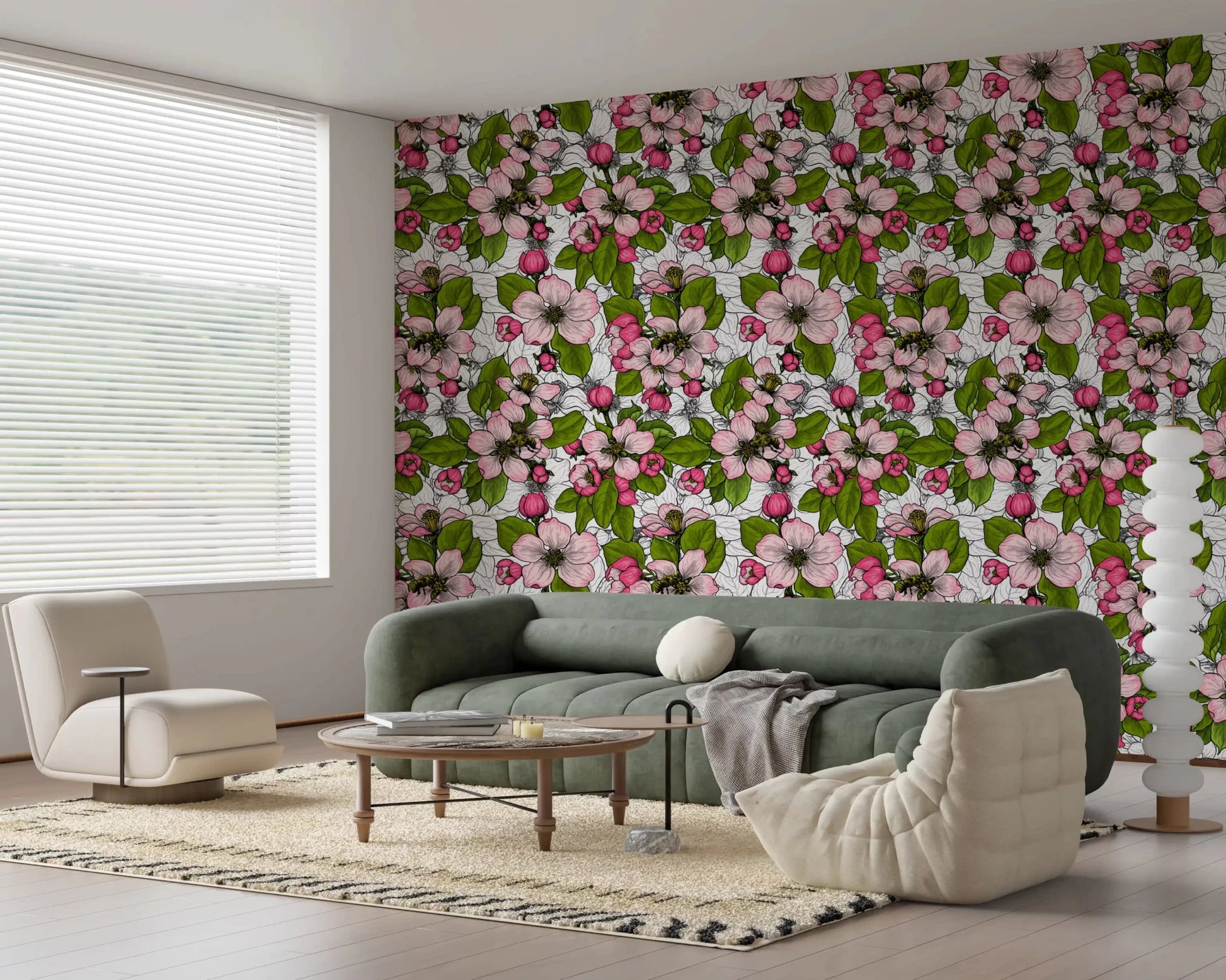 Apple blossom wallpaper for office with botanical flowers on white