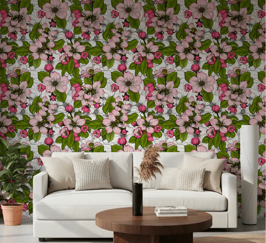 White floral wallpaper in hallway with apple blossom and soft pink tones, GD9311