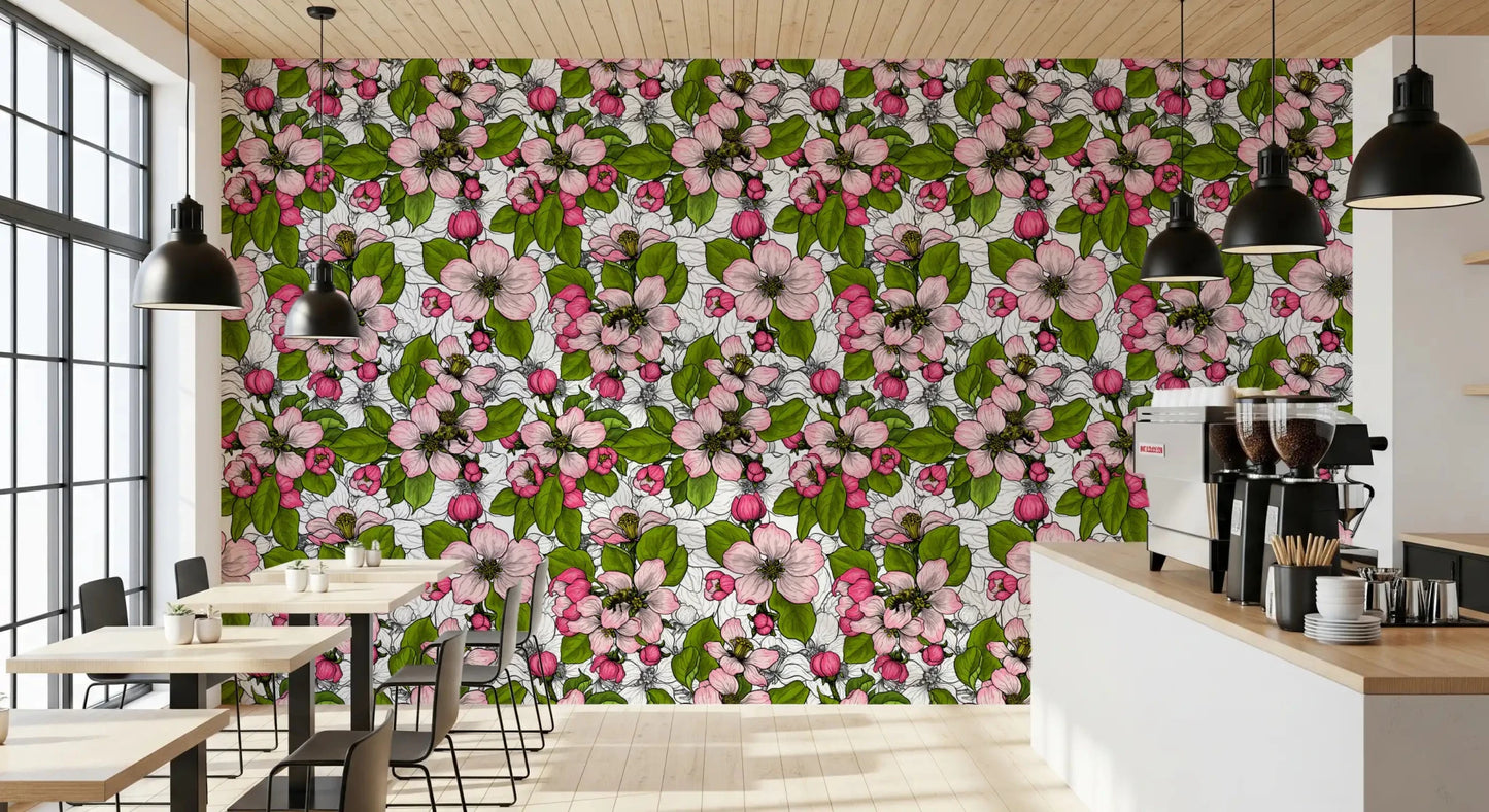 Floral apple blossom wallpaper with a bright white base and garden feel