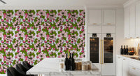 Apple Blossom on White Wallpaper with pink petals and leafy repeat