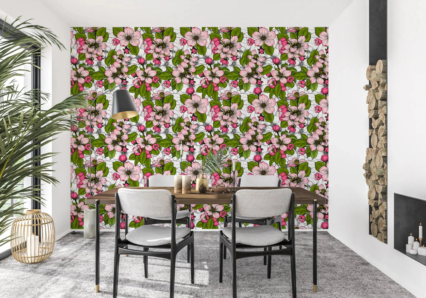 Pink flower wallpaper with apple blossom branches and green foliage